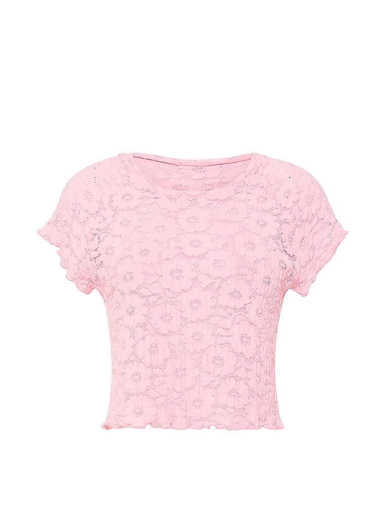PINK SWIM Floral Crochet Cover-Up Tee, Boardwalk Pink, offModelFront, 3 of 3