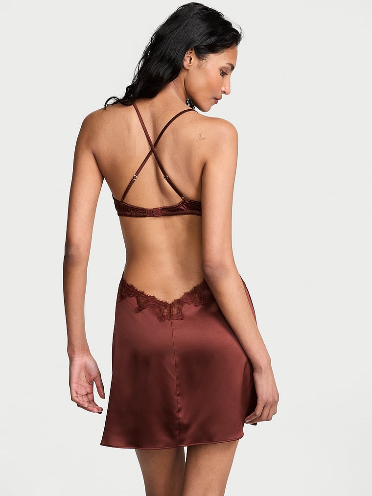 Victoria's Secret, Very Sexy Satin Rose Lace-Trim Cut-Out Mini Slip Dress, Dark Chili, onModelSide, 3 of 4
