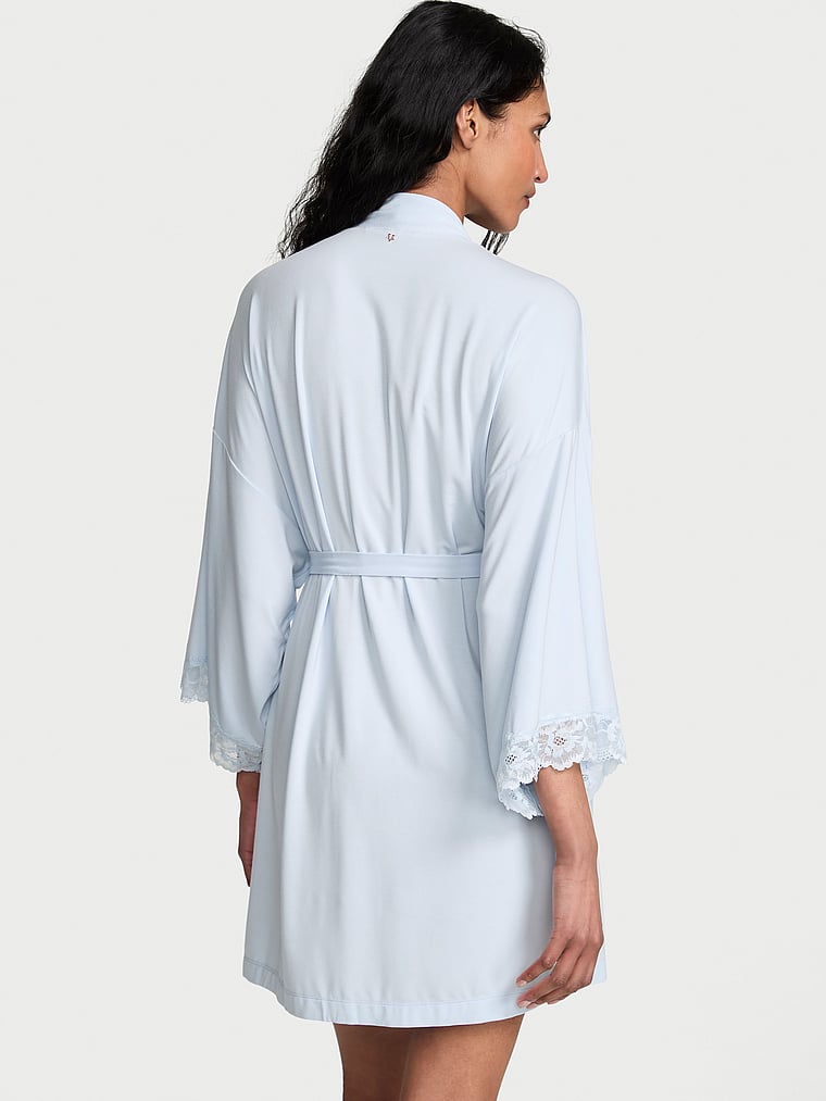 Victoria's Secret, Victoria's Secret SoSoft™ Modal Lace-Trim Bridal Short Robe, Palest Blue, onModelBack, 2 of 3