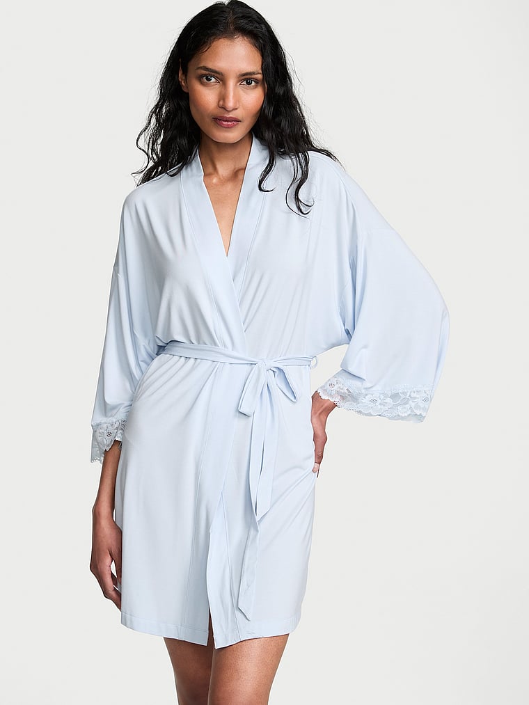 Victoria's Secret, Victoria's Secret SoSoft™ Modal Lace-Trim Bridal Short Robe, Palest Blue, onModelFront, 1 of 3