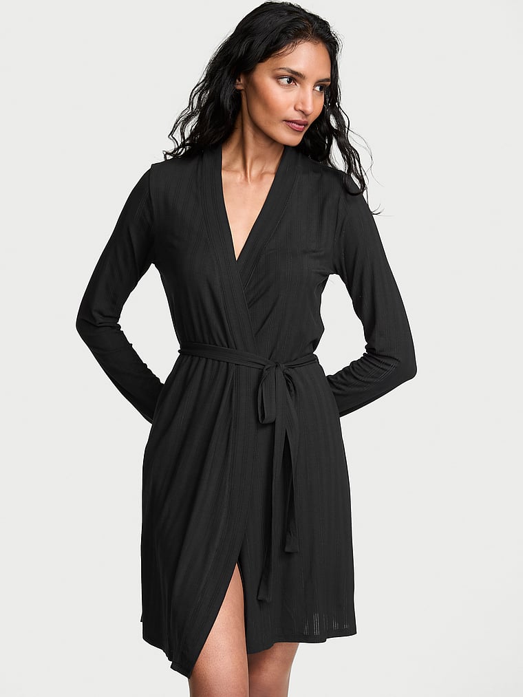 Victoria's Secret, Victoria's Secret SoSoft™ Modal Ultra-Fine Short Robe, Black, onModelFront, 1 of 3