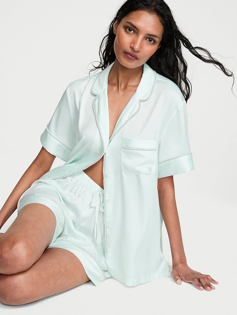 Victoria's Secret, Victoria's Secret Signature Satin Shine Short Pajama Set, Blue Bliss, onModelFront, 1 of 5