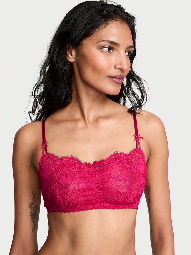 Victoria's Secret, Dream Angels Lace Unlined Bralette, Vibrant Fuchsia, onModelFront, 1 of 3