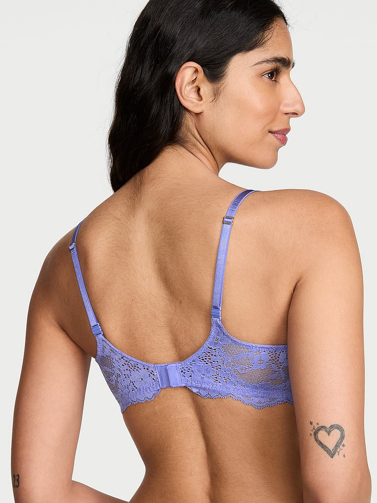 Victoria's Secret, Dream Angels Smooth & Lace Lightly Lined Demi Bra, Periwinkle, onModelBack, 2 of 4 Anisha is 5'11" and wears 34B or Small