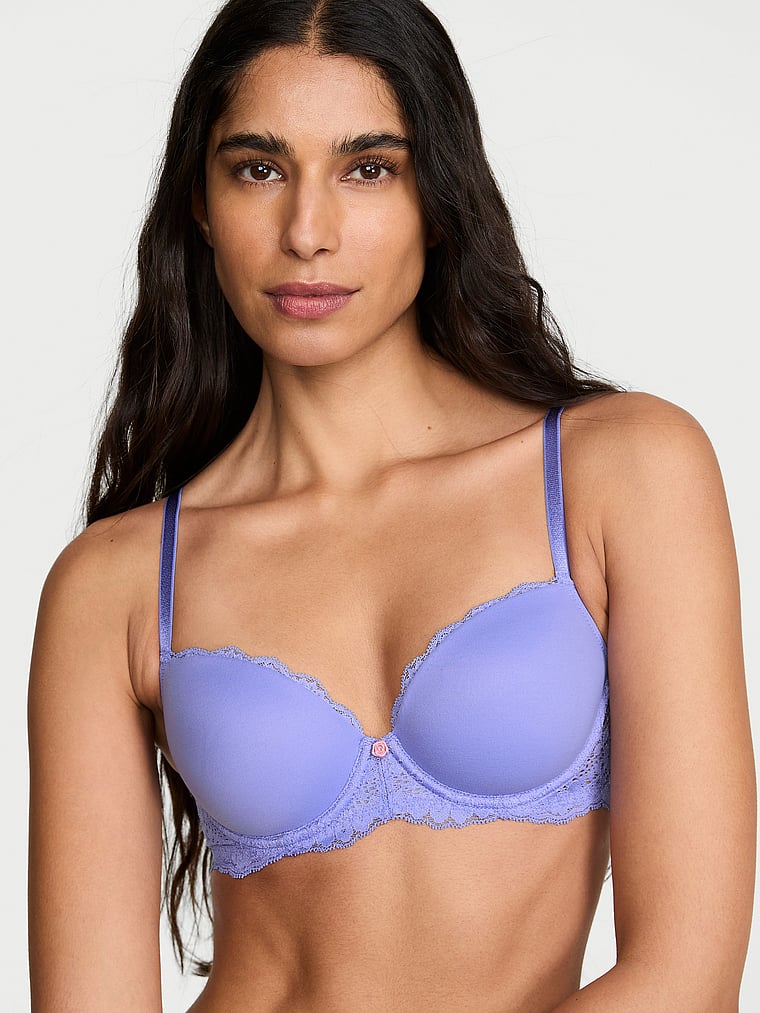 Victoria's Secret, Dream Angels Smooth & Lace Lightly Lined Demi Bra, Periwinkle, onModelFront, 1 of 4 Anisha is 5'11" and wears 34B or Small