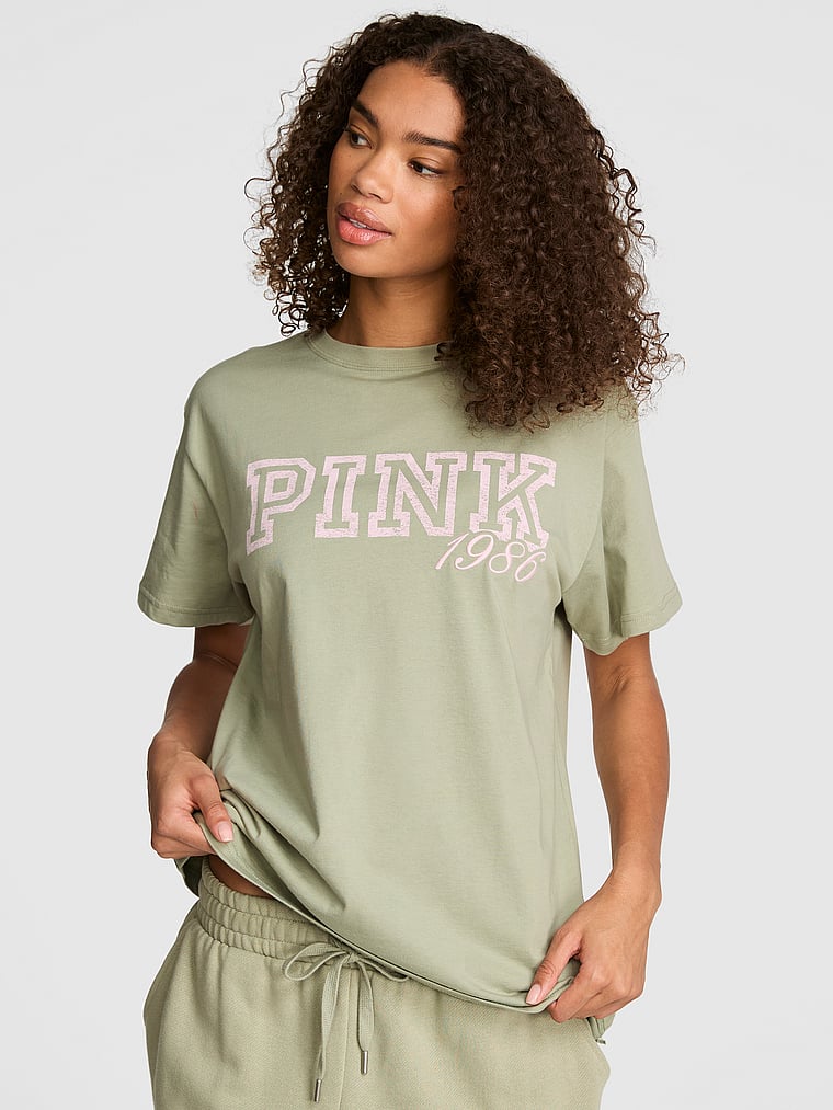 PINK Campus Cotton™ Tee, Slate Green, onModelFront, 1 of 3