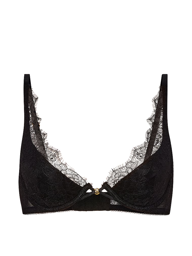 Victoria's Secret, Very Sexy Rose Lace Lightly Lined Plunge Bra, Black, offModelFront, 3 of 3