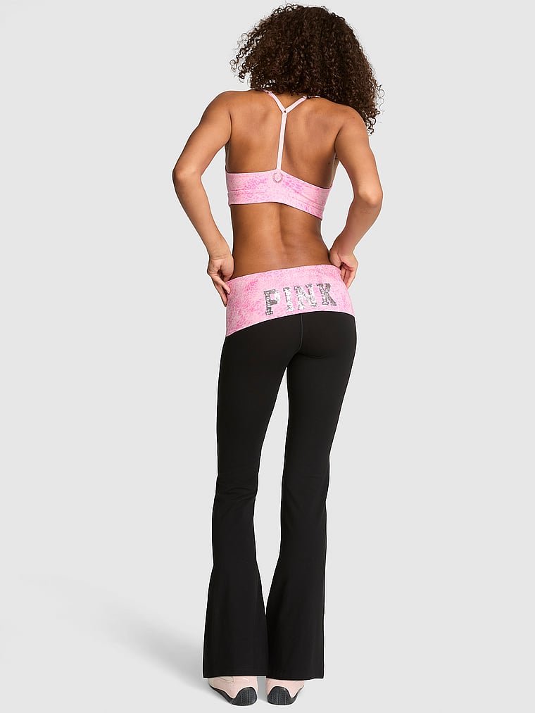 PINK All-Day Cotton™ Foldover Flare Leggings, Black and Pink Leopard Bling, onModelFront, 1 of 4