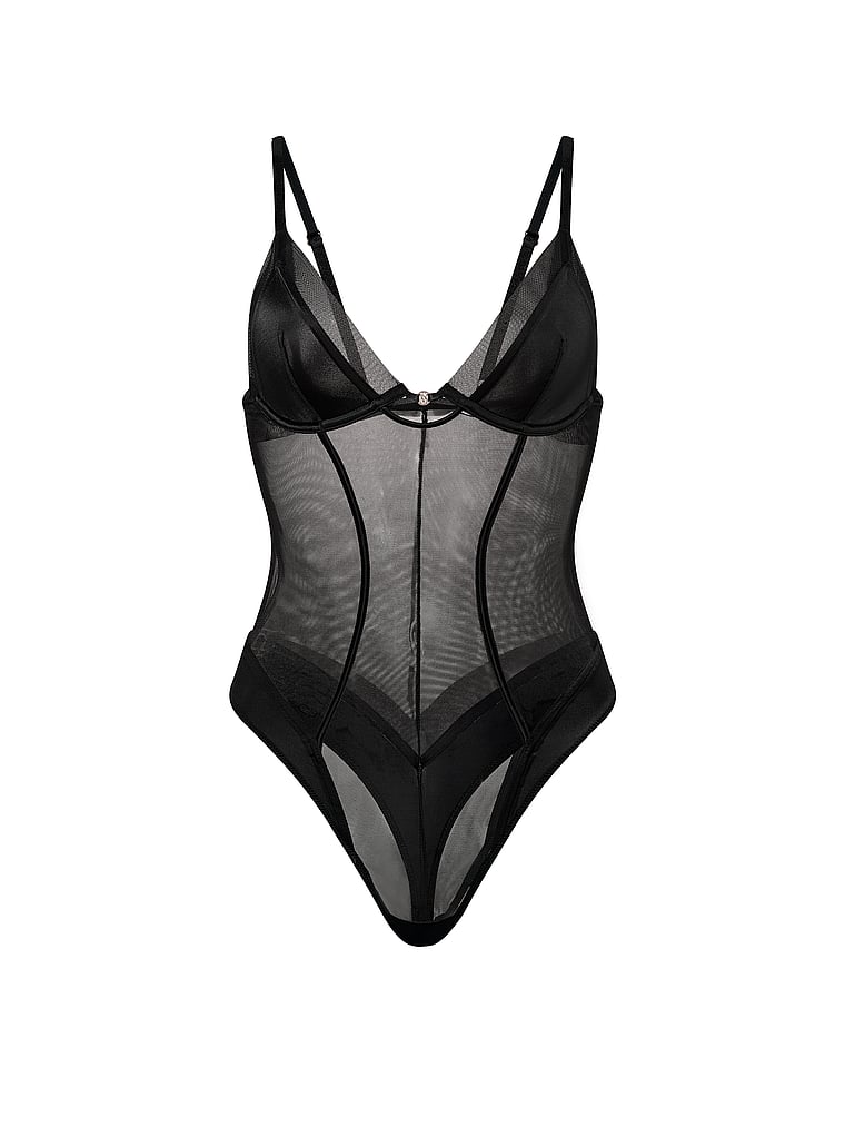 Victoria's Secret, Very Sexy Sheer Reveal Mesh Triangle Bodysuit, Black, offModelFront, 3 of 3