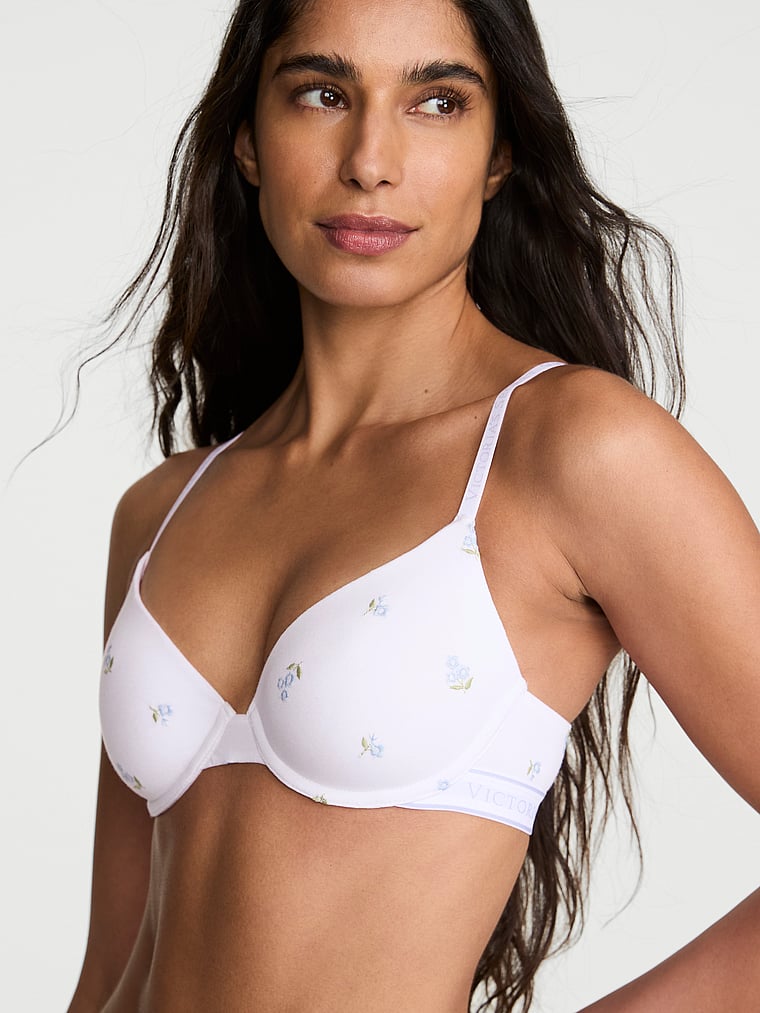 Victoria's Secret, The T-shirt Cotton Embroidered Lightly Lined Demi Bra, White Floral, onModelFront, 1 of 4 Anisha is 5'11" or 180cm and wears 34B or Small