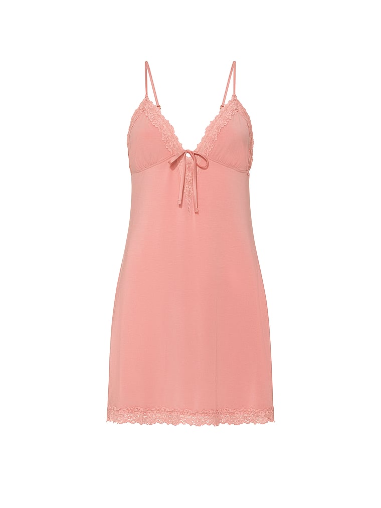Victoria's Secret, Victoria's Secret SoSoft™ Modal Lace-Trim Tie-Front Slip Dress, Blush Pink, offModelFront, 3 of 4