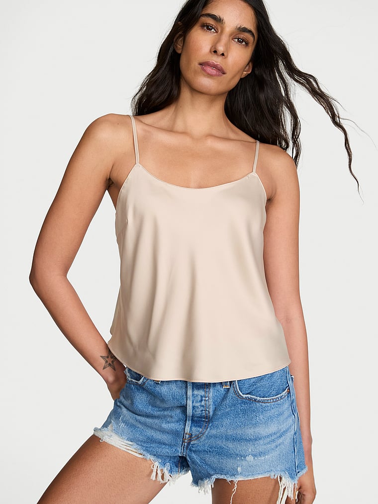 Victoria's Secret, Victoria's Secret Satin Cami Top, Oyster, onModelFront, 1 of 3