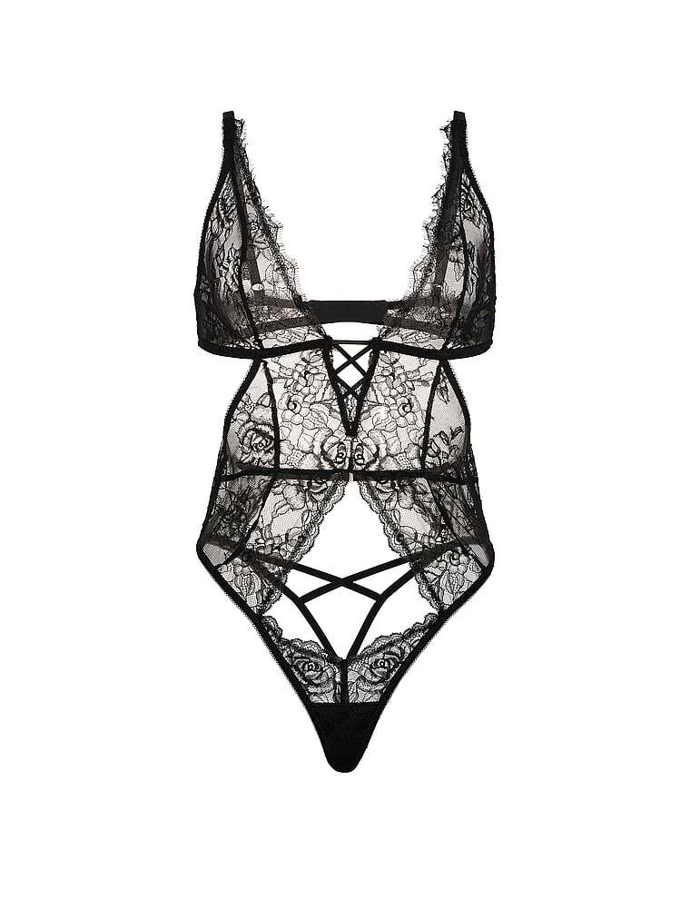 Victoria's Secret, Very Sexy Rose Lace Plunge Teddy, Black, offModelFront, 3 of 3