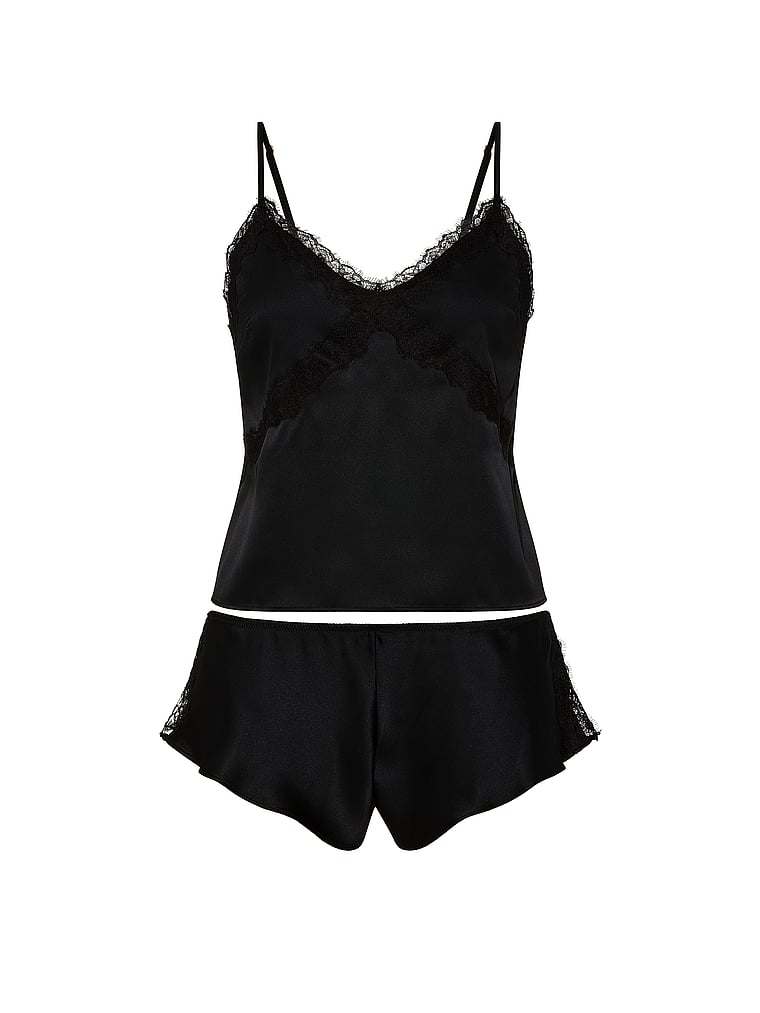 Victoria's Secret, Very Sexy Satin Rose Lace-Trim Cami & Flutter Short Set, Black, offModelFront, 3 of 3