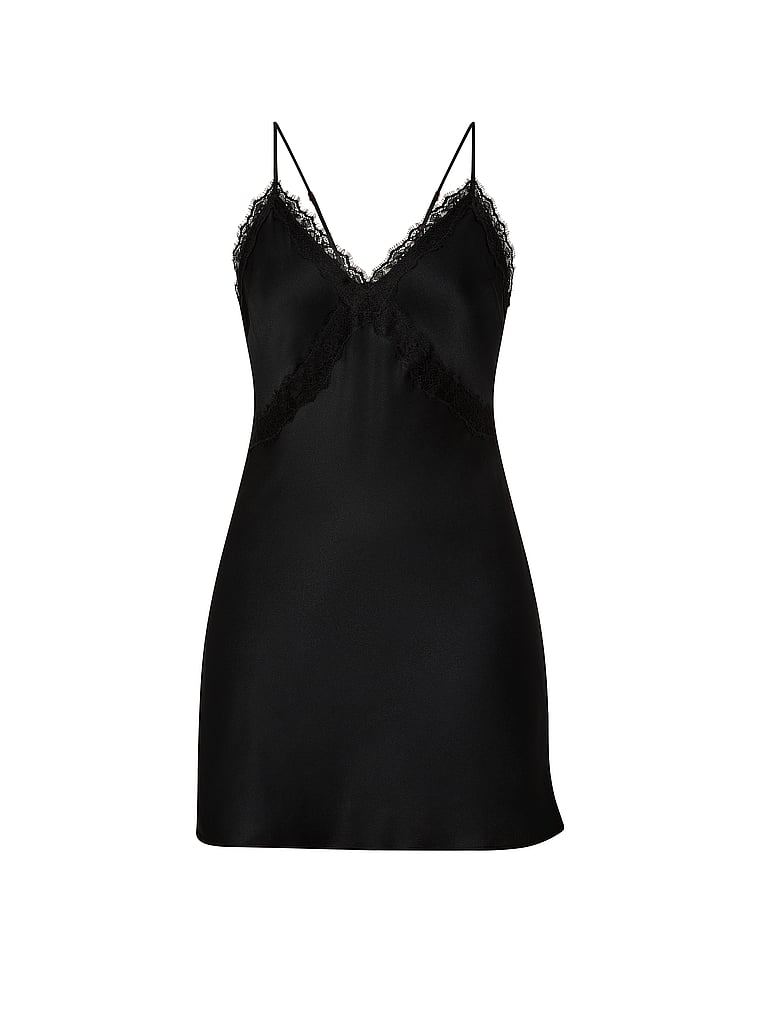 Victoria's Secret, Very Sexy Satin Rose Lace-Trim Mini Slip Dress, Black, offModelFront, 3 of 3