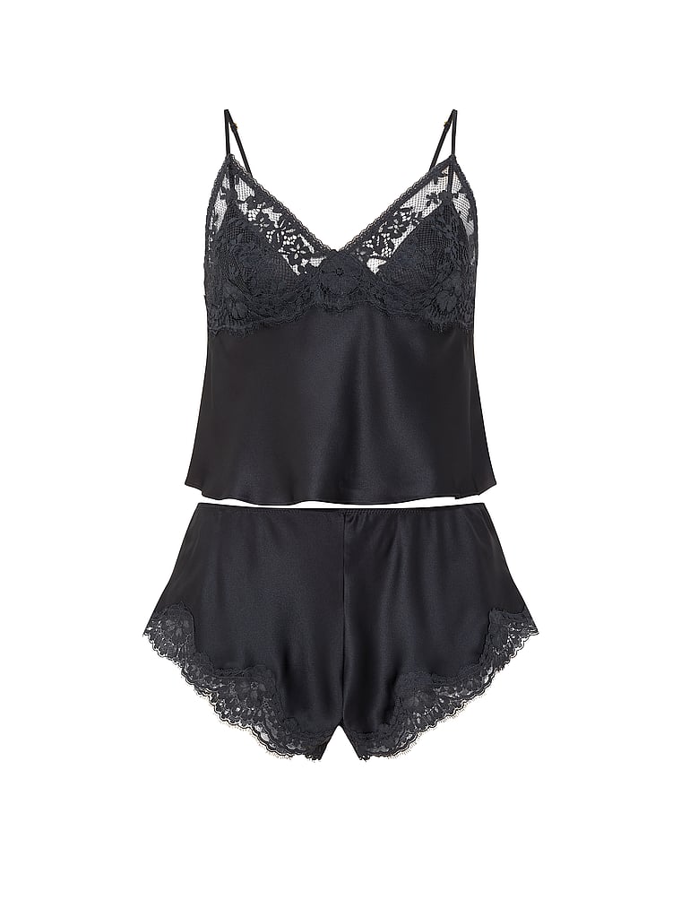 Victoria's Secret, Dream Angels Satin Lace-Trim Cami & Flutter Shorts Set, Classic Dark Smoke, offModelFront, 3 of 3