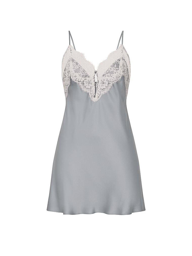 Victoria's Secret, Dream Angels Satin Lace-Trim Short Slip Dress, Sterling, offModelFront, 3 of 3