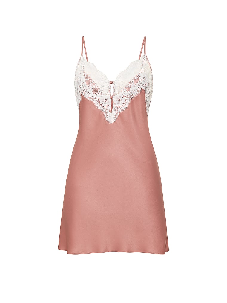 Victoria's Secret, Dream Angels Satin Lace-Trim Short Slip Dress, Antique Rose, offModelFront, 3 of 3