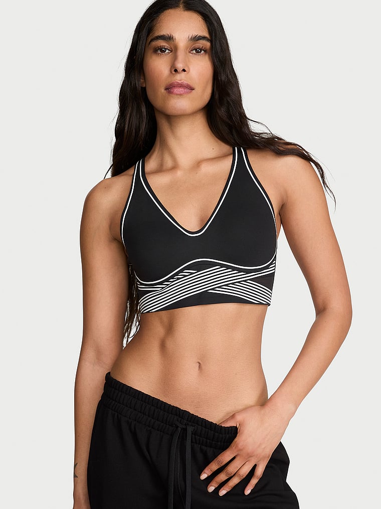 Victoria's Secret, VSX VSX Elevate™ Refined Contours Plunge Sports Bra, Black, onModelSide, 3 of 5