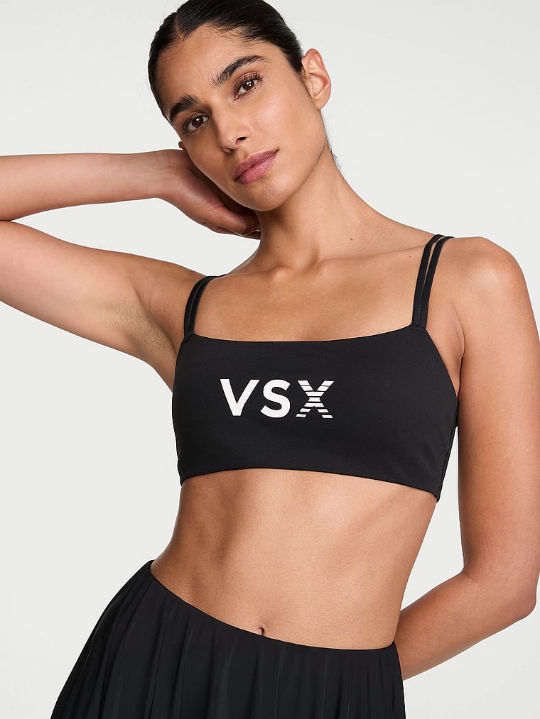Victoria's Secret, VSX VSX Elevate™ Strappy Square-Neck Sports Bra, Black, onModelFront, 1 of 5 Anisha is 5'11" or 180cm and wears 34B or Small