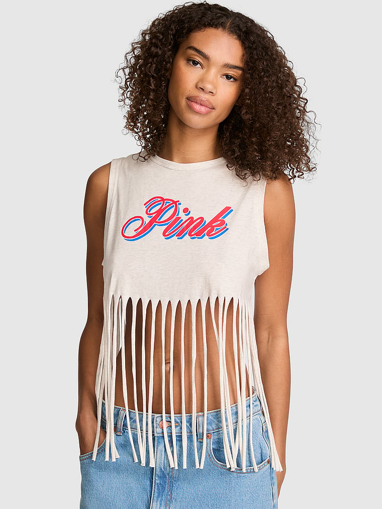 PINK Campus Cotton™ Retro Fringe Tank Top, Snow Heather, onModelFront, 1 of 3
