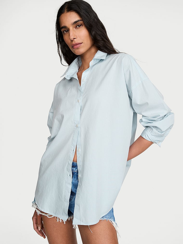 Victoria's Secret, Victoria's Secret Heritage Cotton Button-Front Sleepshirt, Chambray Blue, onModelFront, 1 of 5