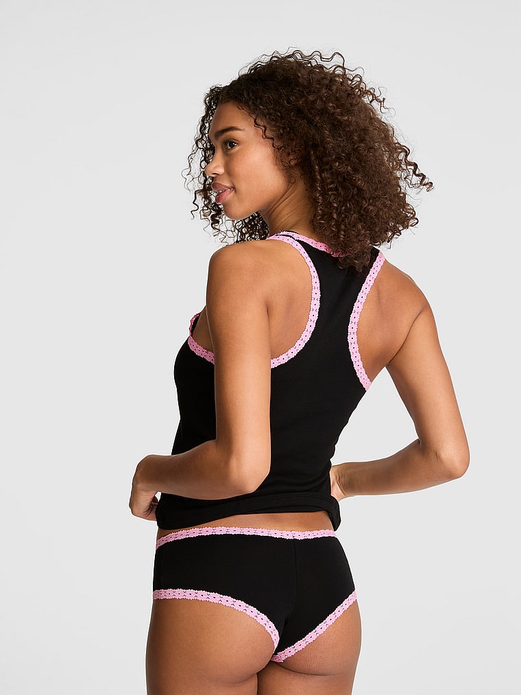 PINK Lace-Trim Tank Top & Panty Set, Black, offModelBack, 5 of 5