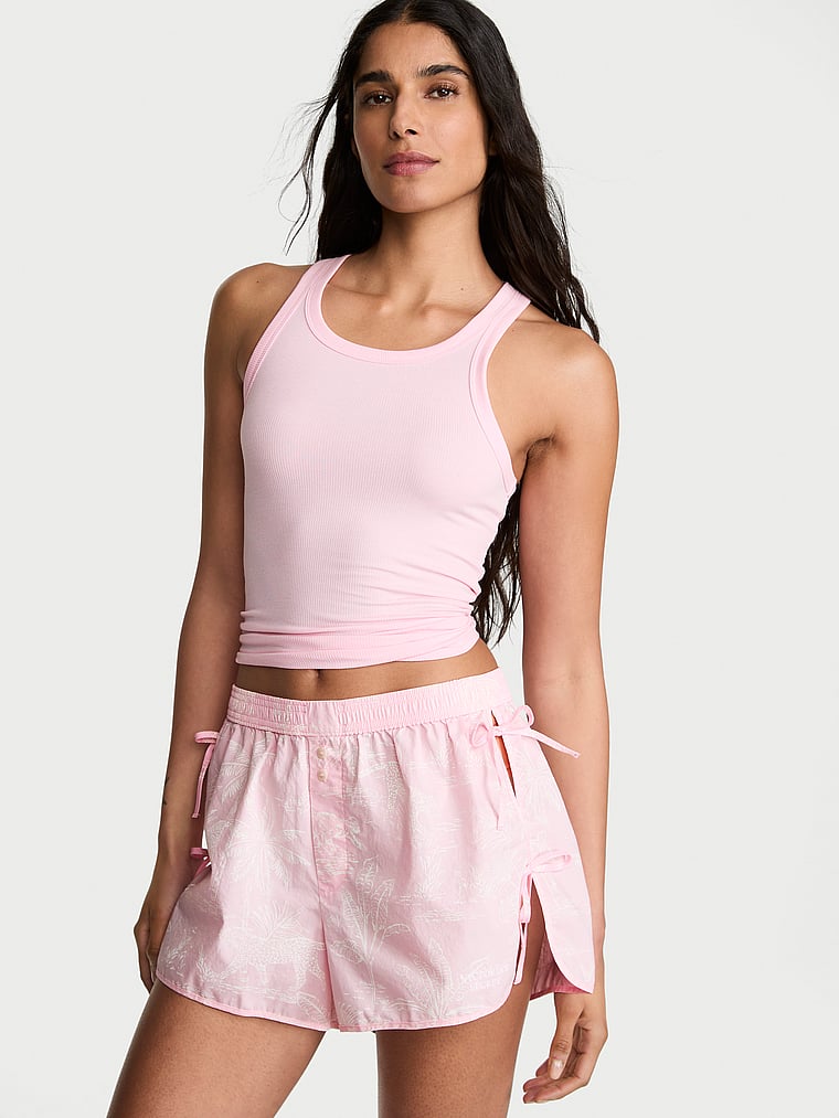 Victoria's Secret, Victoria's Secret Mix & Match Sleep Heritage Cotton Pajama Shorts, Pink Jungle Toile, onModelFront, 1 of 4 Anisha is 5'11" or 180cm and wears Small