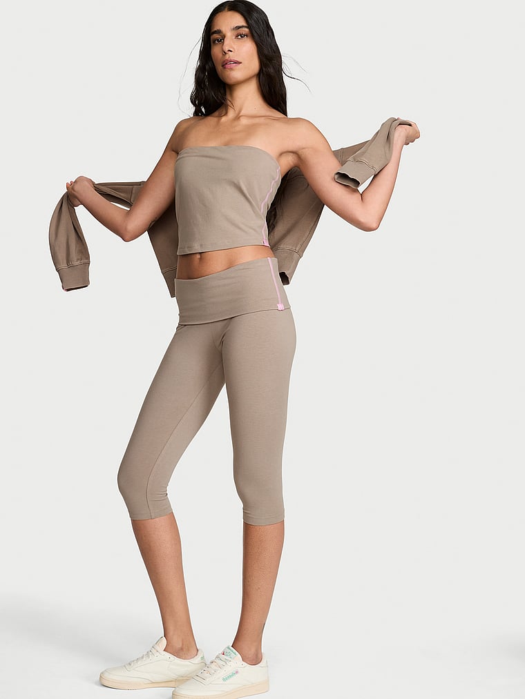 Victoria's Secret, Angel Essentials Cotton Foldover Capri Legging, Dove Grey, onModelFront, 1 of 3 Anisha is 5'11" or 180cm and wears Small