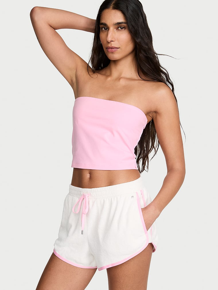 Victoria's Secret, Angel Essentials Micro Terry Curved Hem Short, Coconut White, onModelFront, 1 of 3 Anisha is 5'11" and wears Small