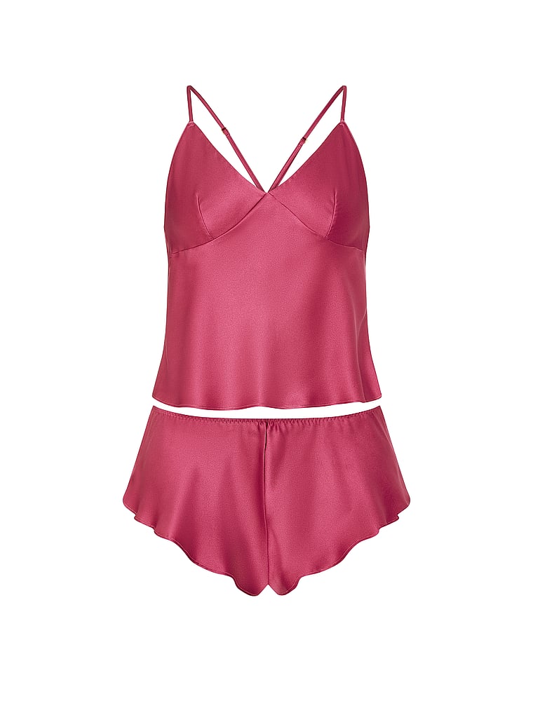 Victoria's Secret, Victoria's Secret Satin Open-Back Cami & Shorts Set, Peony, offModelFront, 3 of 3