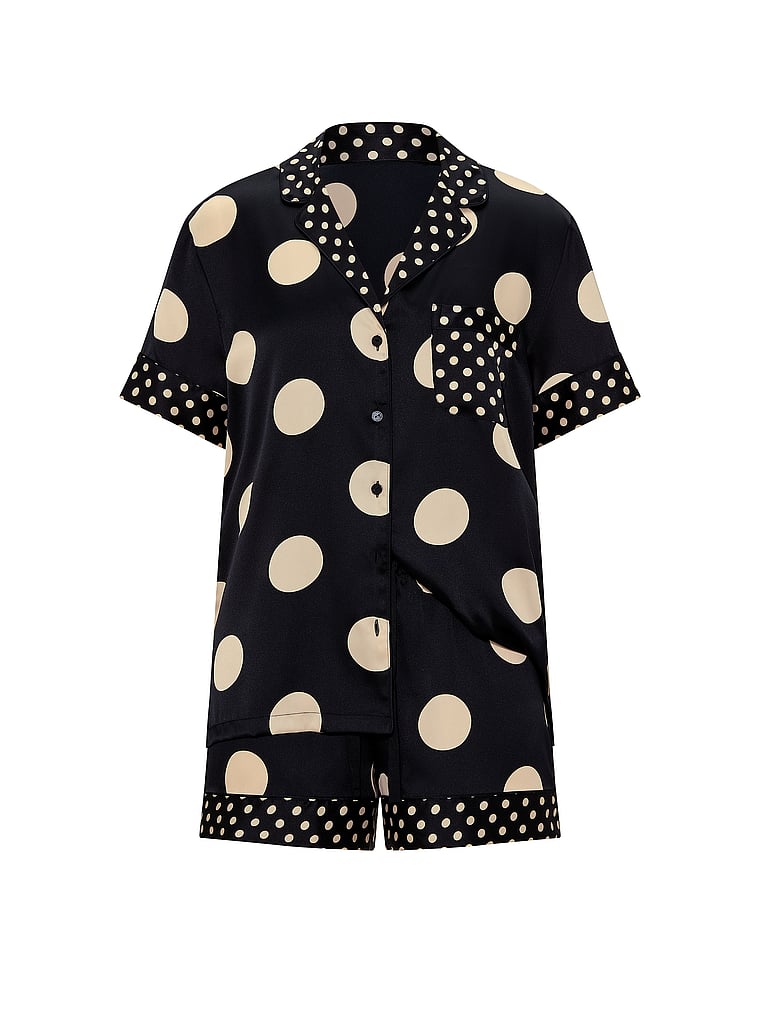 Victoria's Secret, Victoria's Secret Signature Satin Short Pajama Set, Black/Tan Dots, offModelFront, 4 of 5