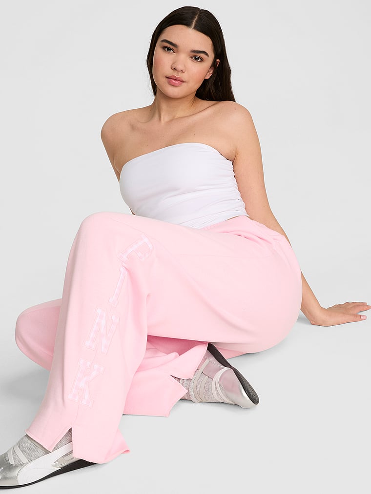PINK Campus Fleece™ Wide-Leg Split-Hem Sweatpants, Coconut Pink, onModelFront, 1 of 3 Breanna is 5'8" or 173cm and wears Medium