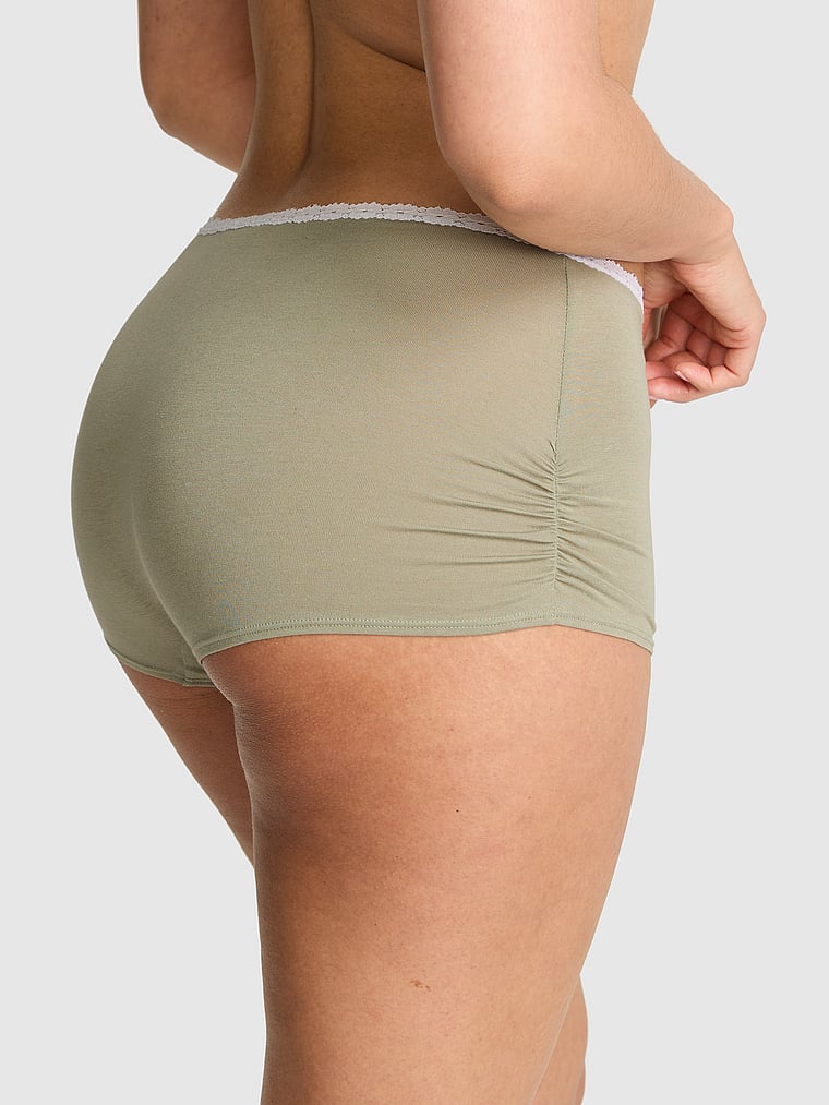 PINK Cotton Dorm Boyshort Panty, Slate Green With White Lace, onModelBack, 2 of 4 Breanna is 5'8" and wears Large