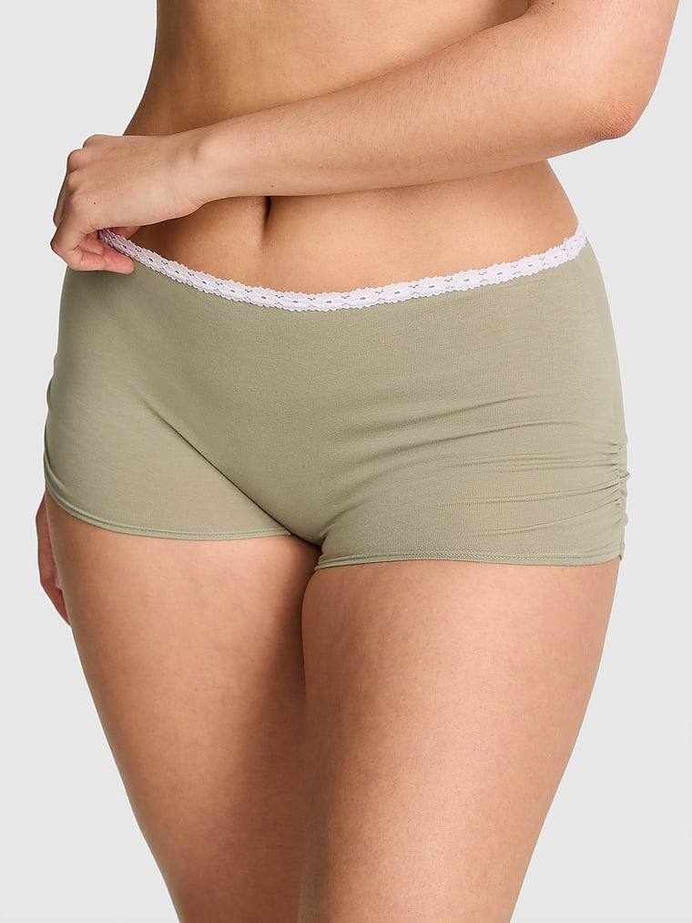PINK Cotton Dorm Boyshort Panty, Slate Green With White Lace, onModelFront, 1 of 4 Breanna is 5'8" and wears Large