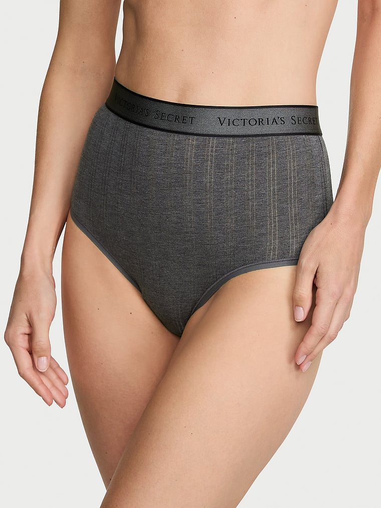 Victoria's Secret, Cotton Logo Cotton Modern Brief Panty, Heather Anthracite, onModelFront, 1 of 3 Maggie is 5'7" and wears Small