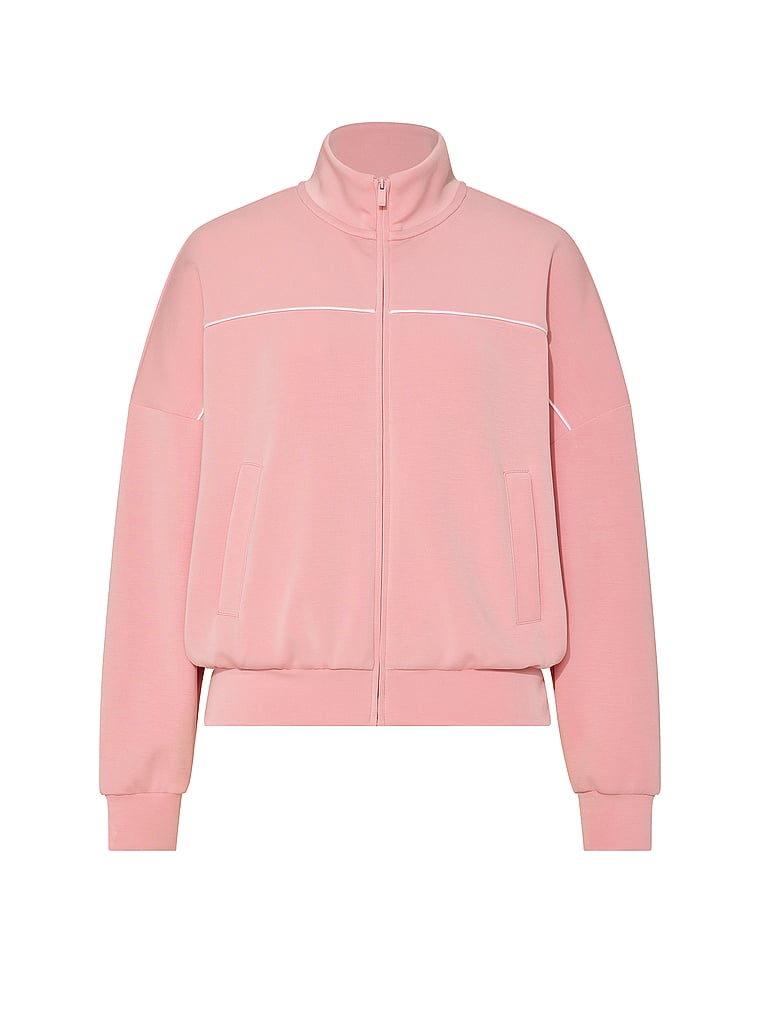 Victoria's Secret, VSX Featherweight Knit Full-Zip Track Jacket, Dusk Pink, offModelFront, 3 of 4