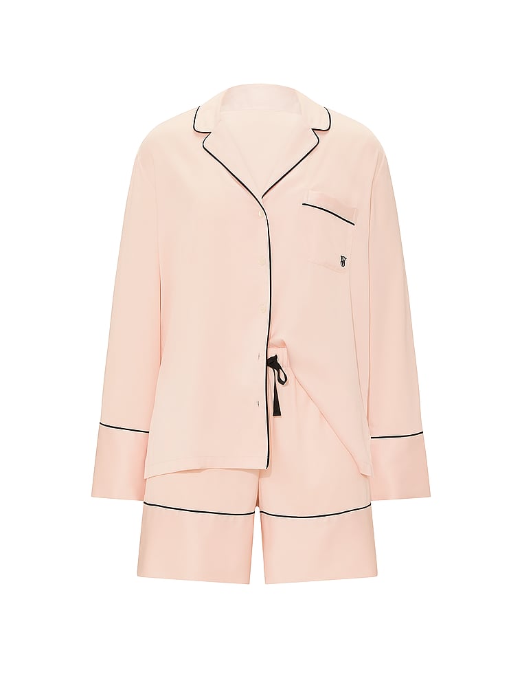 Victoria's Secret, Victoria's Secret Signature Satin Long-Sleeve Short Pajama Set, Sheer Blush, offModelFront, 3 of 4