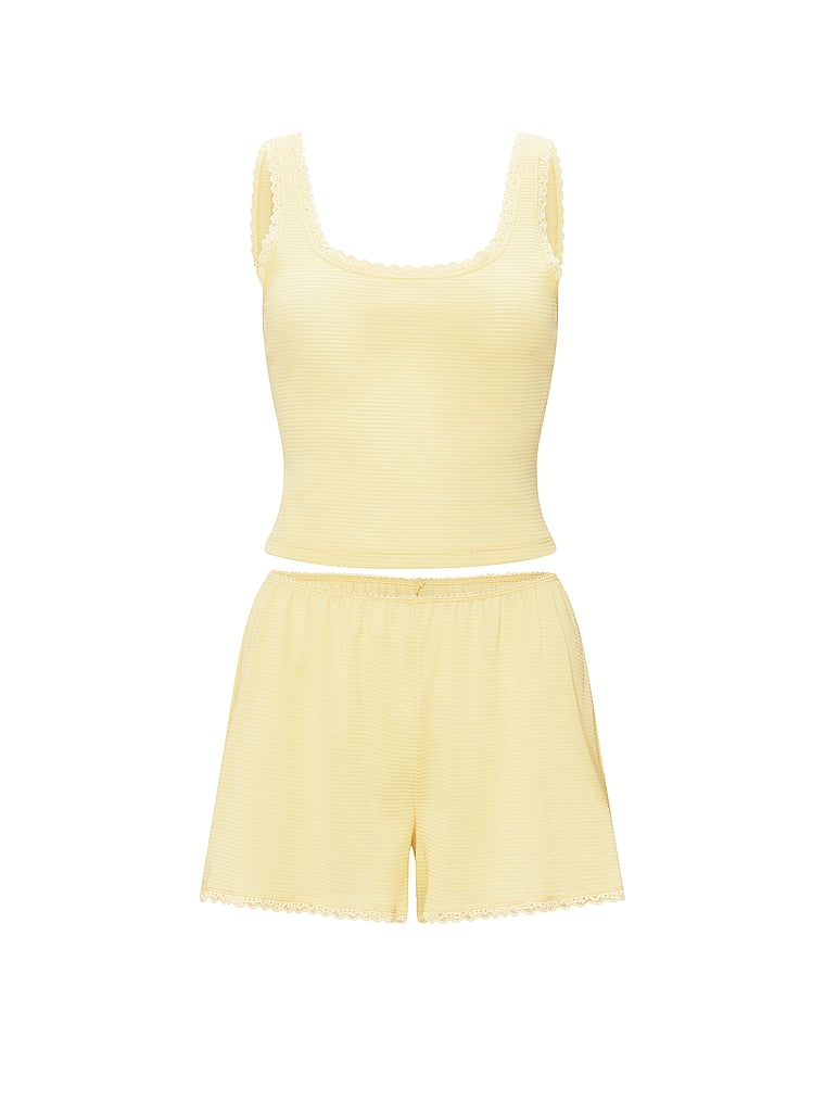 Victoria's Secret, Victoria's Secret Cotton Shadow Stripe Cropped Tank & Shorts Set, Lemonade, offModelFront, 3 of 3