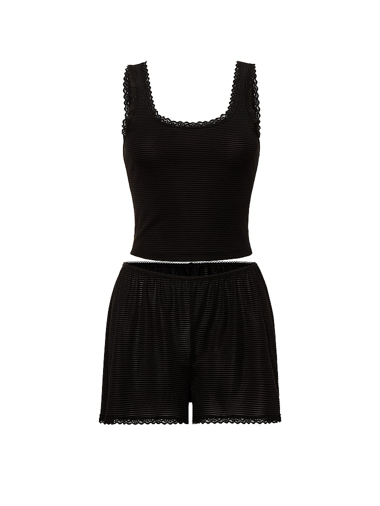 Victoria's Secret, Victoria's Secret Cotton Shadow Stripe Cropped Tank & Shorts Set, Black, offModelFront, 3 of 3