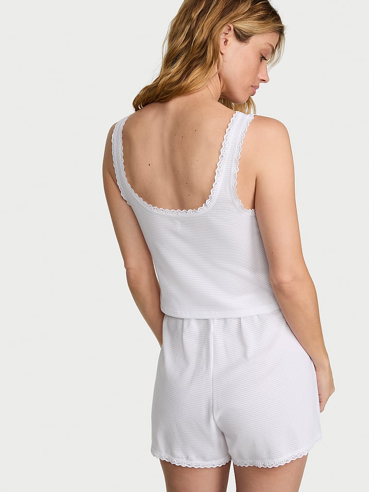 Victoria's Secret, Victoria's Secret Cotton Shadow Stripe Cropped Tank & Shorts Set, VS White, onModelBack, 2 of 4 Maggie is 5'7" and wears S/Regular