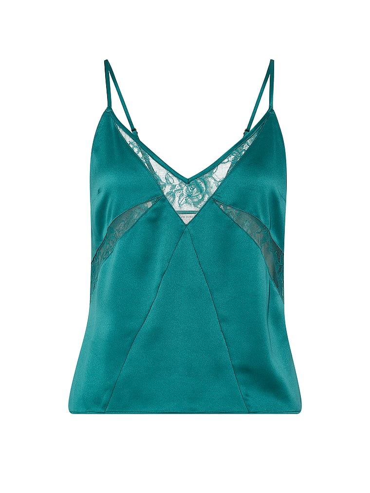 Victoria's Secret, Very Sexy Satin & Rose Lace Cami Top, True Teal, offModelFront, 2 of 4