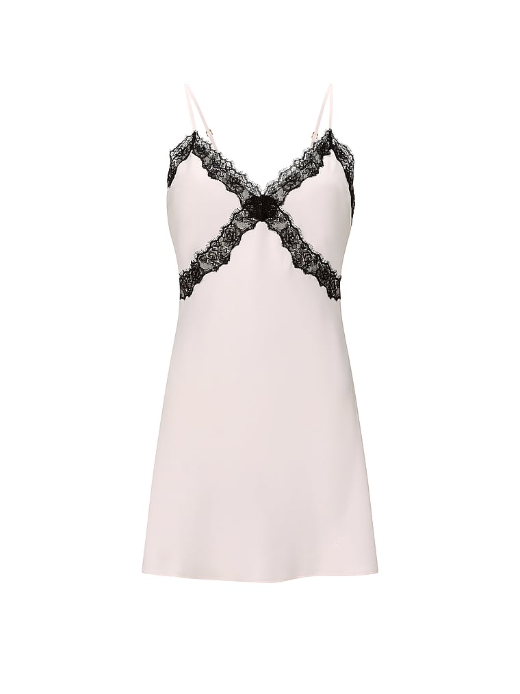 Victoria's Secret, Very Sexy Satin Rose Lace-Trim Mini Slip Dress, Coconut White, offModelFront, 3 of 3