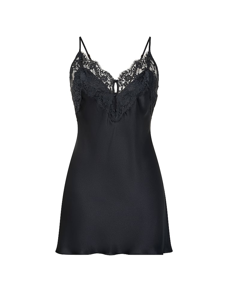 Victoria's Secret, Dream Angels Satin Lace-Trim Short Slip Dress, Classic Dark Smoke, offModelFront, 3 of 3