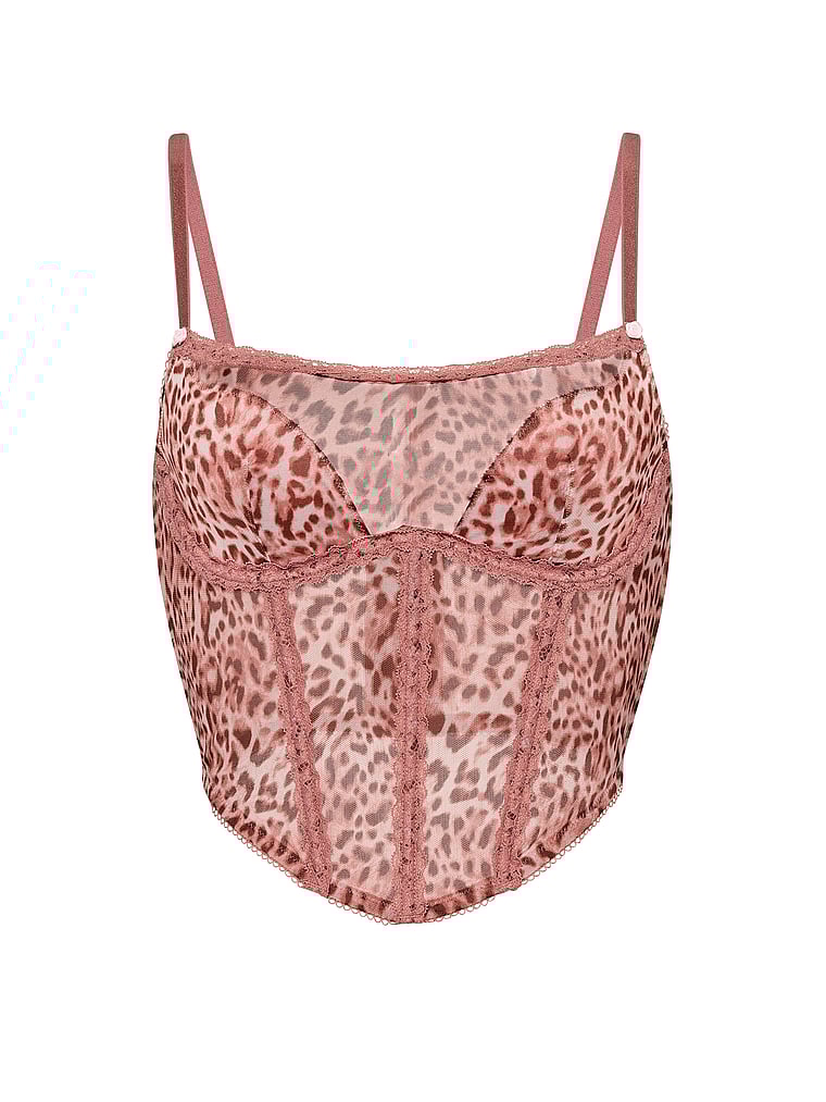 Victoria's Secret, Dream Angels Sweet Leopard Mesh Corset Top, Angel Pink Leopard, offModelFront, 3 of 3