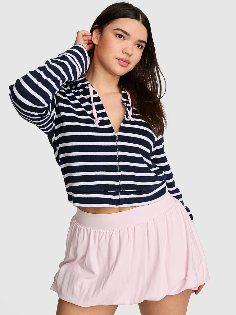PINK SWIM Terry Full-Zip Cover-Up Hoodie, Noir Navy Stripe, onModelFront, 1 of 4 Breanna is 5'8" and wears Medium