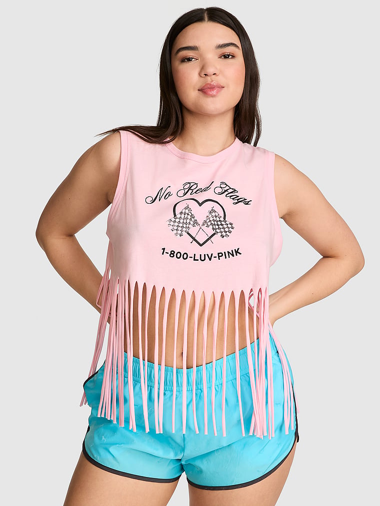 PINK Campus Cotton™ Retro Fringe Tank Top, Coconut Pink, onModelFront, 1 of 3 Breanna is 5'8" and wears Medium