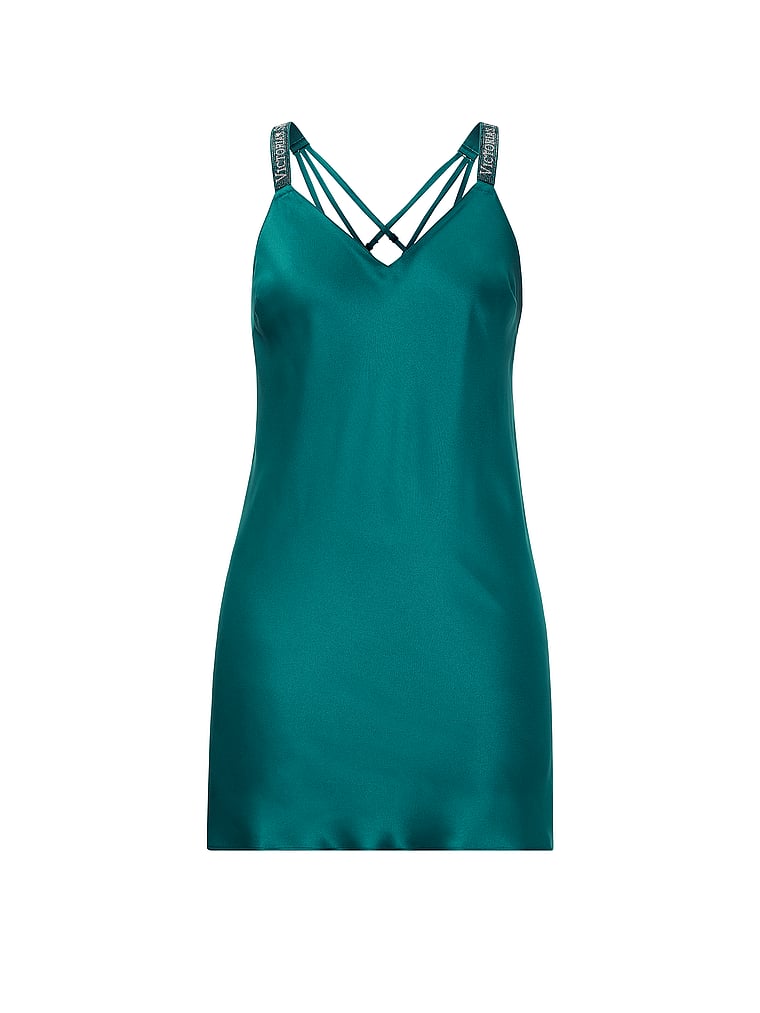 Victoria's Secret, Very Sexy Shine Strap Satin Slip, True Teal, offModelFront, 4 of 5