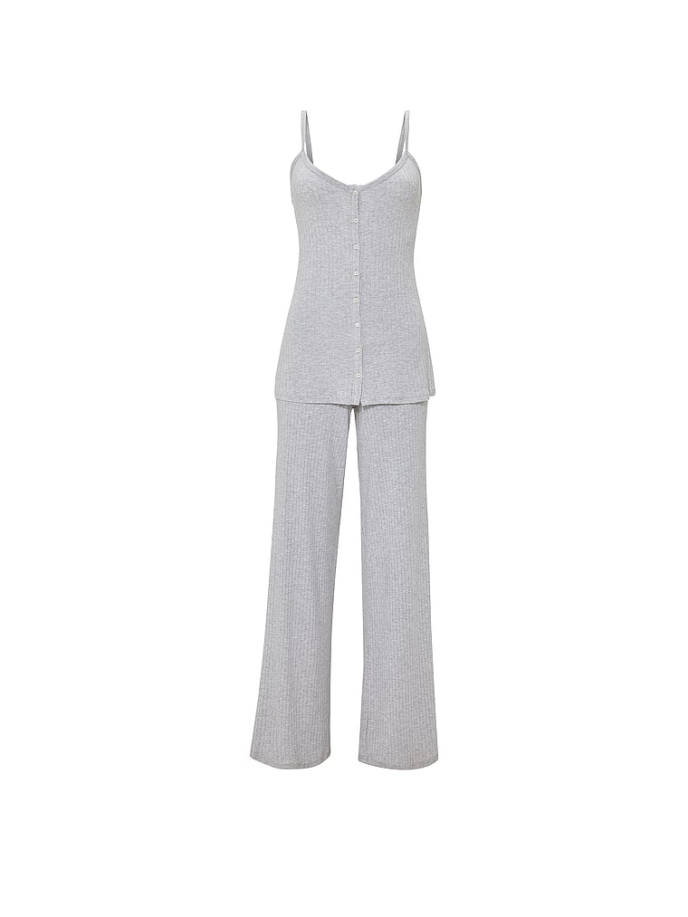 Victoria's Secret, Victoria's Secret SoSoft™ Modal Wide-Rib Button-Front Cami & Pants Set, Medium Heather Grey, offModelFront, 4 of 4