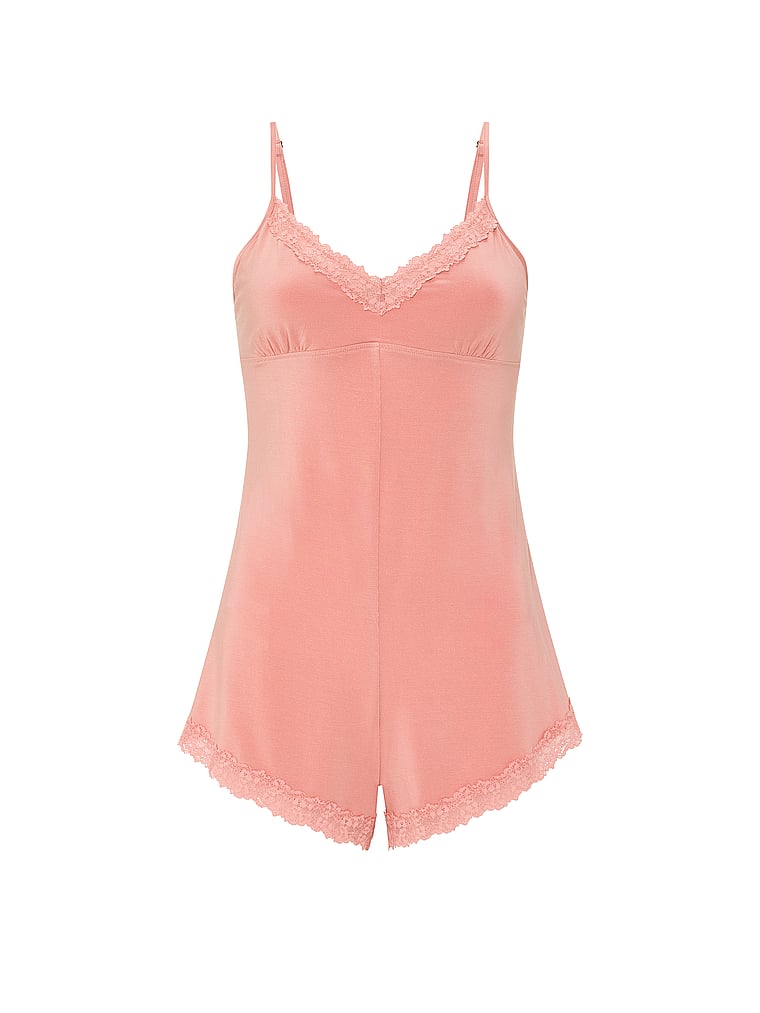 Victoria's Secret, Victoria's Secret SoSoft™ Modal Lace-Trim Romper, Blush, offModelFront, 3 of 3